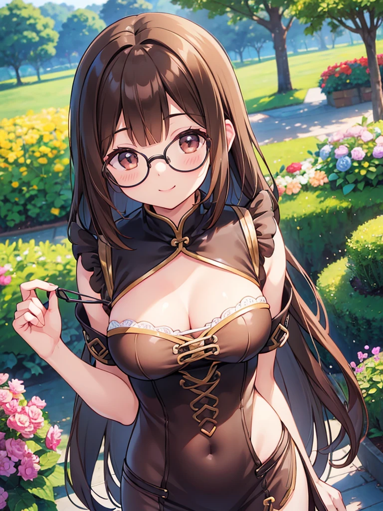 1 Female、Brown hair、Short Bob、Brown Eyes、Best Quality、Super detailed、8 Resolution、Raw photo、Mastepiece、Perfect Body、high resolution、Highest quality、Detailed drawing、Vibrant colors、lure、Long Hair、Black-rimmed glasses、Captivating breasts、garden、one piece、smile