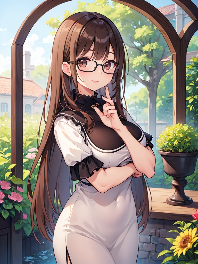 1 Female、Brown hair、Short Bob、Brown Eyes、Best Quality、Super detailed、8 Resolution、Raw photo、Mastepiece、Perfect Body、high resolution、Highest quality、Detailed drawing、Vibrant colors、lure、Long Hair、Black-rimmed glasses、Captivating breasts、garden、one piece、smile