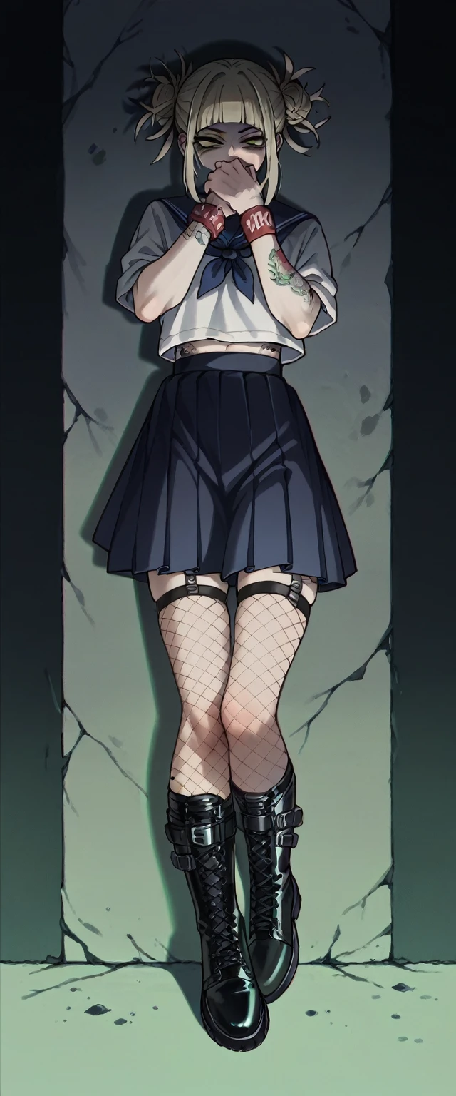 Himiko Toga with tattoos her hands (tatto covering her entire wrist) wearing black clothes with black fishnet stockings and black skirt with black boots (whole body) (cuerpo perfecto) (anatomía perfecta) 