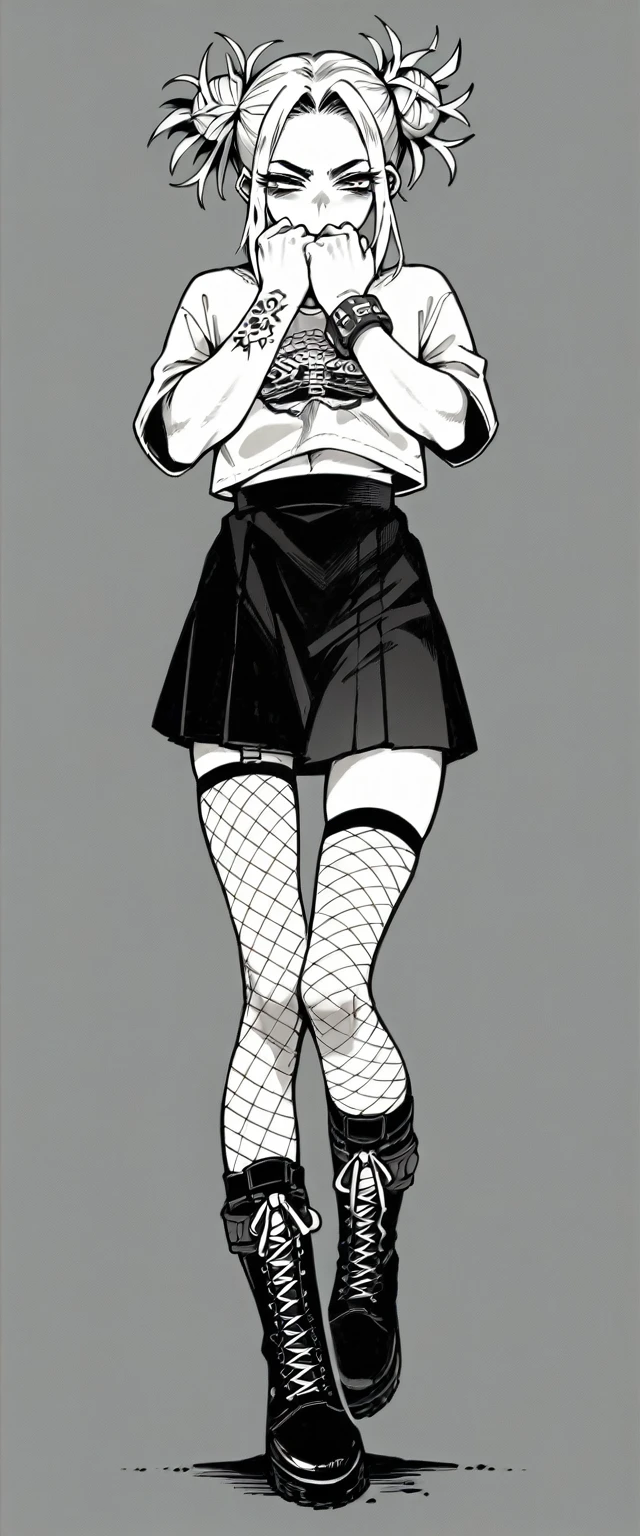 Himiko Toga with tattoos her hands (tatto covering her entire wrist) wearing black clothes with black fishnet stockings and black skirt with black boots (whole body) (cuerpo perfecto) (anatomía perfecta)