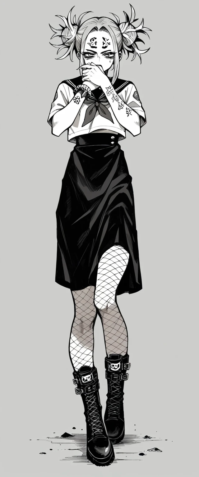 Himiko Toga with tattoos her hands (tatto covering her entire wrist) wearing black clothes with black fishnet stockings and black skirt with black boots (whole body) (cuerpo perfecto) (anatomía perfecta)