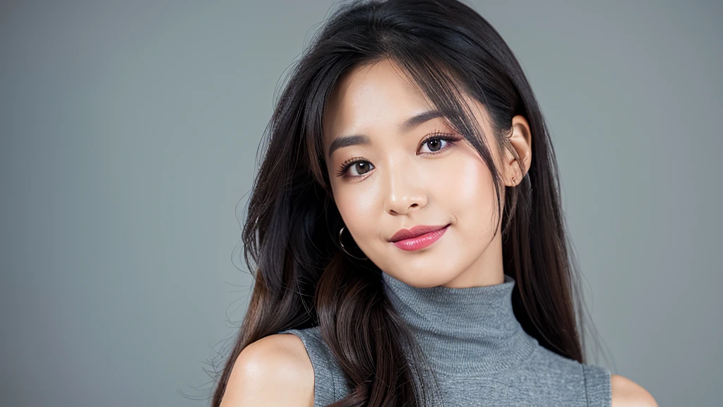 ((Detailed face)),vivid,cute,A silky grey dress with a turtleneck and sleeveless top,4K,Ultra-high resolution,(Photorealistic:1.7),Gray background,Long black hair,