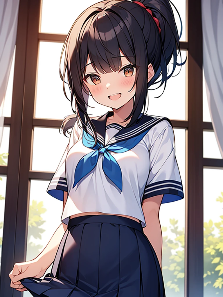 Student council room, dignified smile, open-mouthed laughter, gah-haha laughter, hall々Tall woman standing:1.9 Tall, bottom view, white summer sailor uniform, navy blue skirt, spirit, short black hair, ponytail:1.9 Long hair Straight hair Hair tie Swept bangs to the side:1.9. Slanted eyes, brown eyes, tall, strong-willed, beautiful