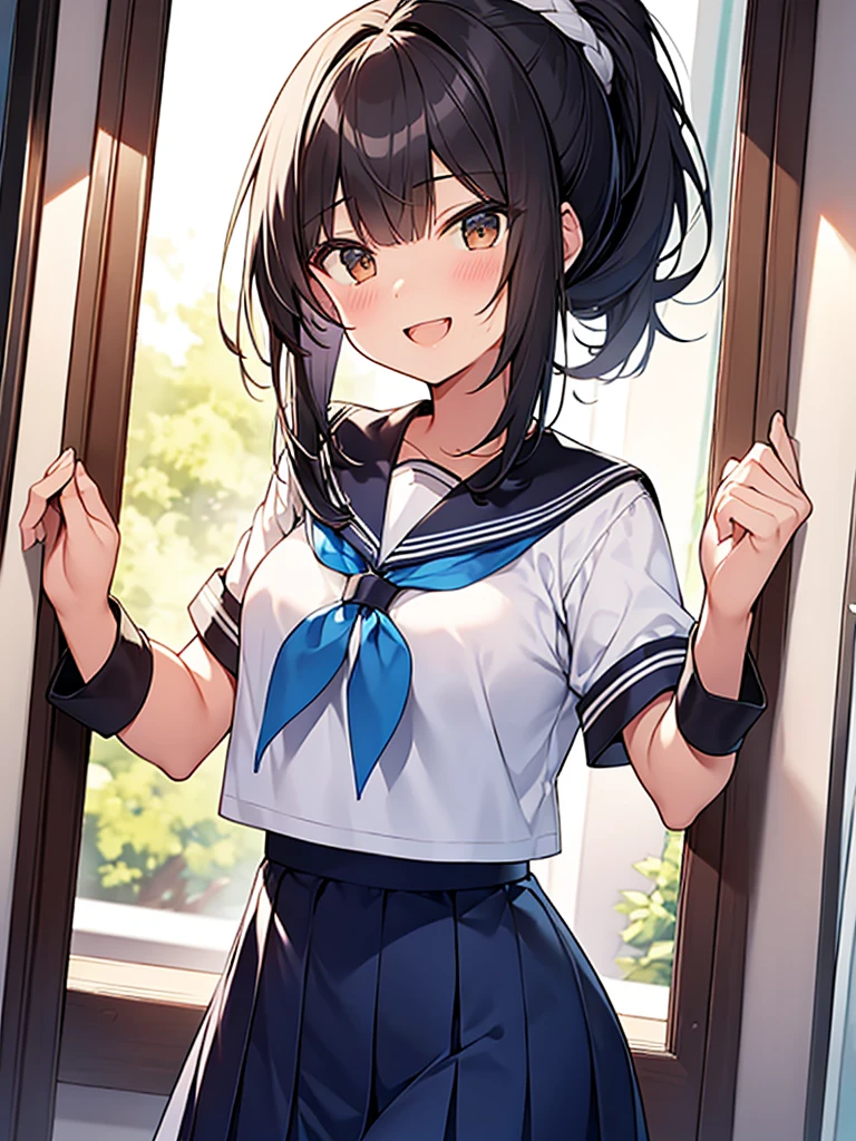 Student council room, dignified smile, open-mouthed laughter, gah-haha laughter, hall々Tall woman standing:1.9 Tall, bottom view, white summer sailor uniform, navy blue skirt, spirit, short black hair, ponytail:1.9 Long hair Straight hair Hair tie Swept bangs to the side:1.9. Slanted eyes, brown eyes, tall, strong-willed, beautiful