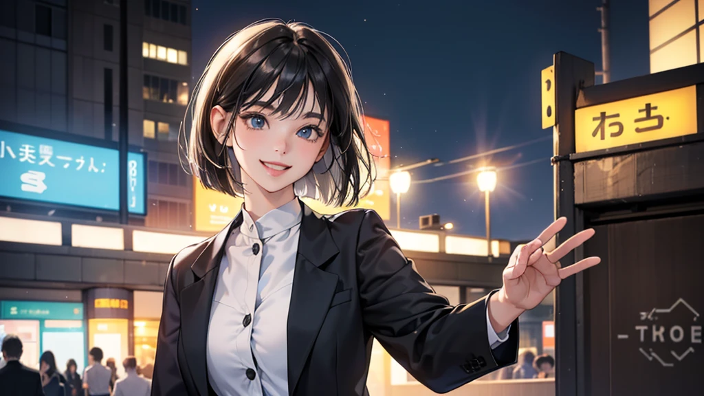 (perfect anatomy:1.2)(absurdres, highres, ultra detailed),masterpiece,best quality,high resolution,8k,Realistic face,Realistic skin texture,magnified textures, stunning clarity,detailed anime girl,(ultra detailed eyes and face),(1 girl:1.5)21years old,she is office worker,,black hair, bob cut,natural make,grey jacket,grey pants,white brouse,sparkling eyes.small nose,roundface,(shinjuku train station),night,bussines district,she is walking,(looks happy:1.5),feeling freedom,(smile:1.5),look at viewer,upper body,she's waving bye-bye