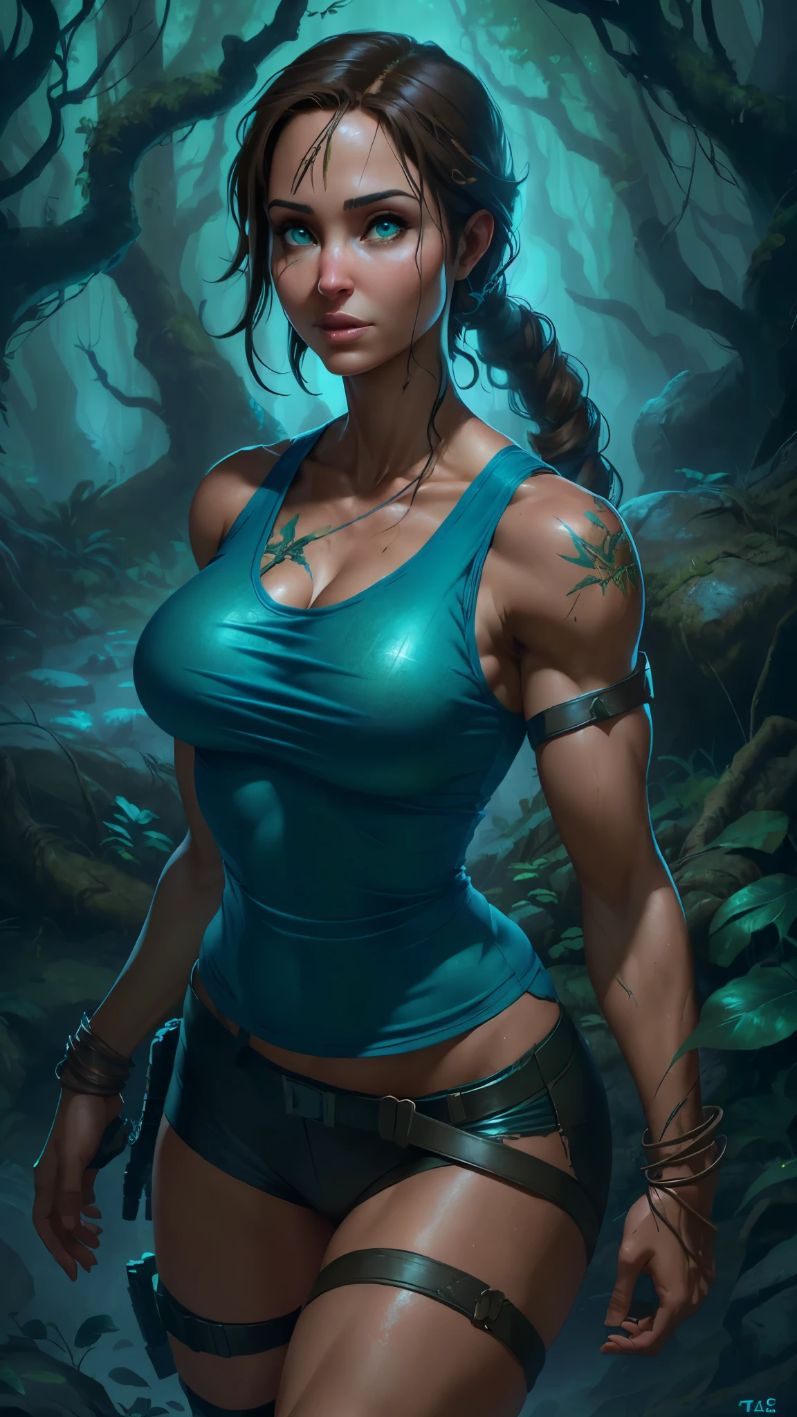 (La mejor calidad,A high resolution,Ultra - detallado,actual),Lara Croft Tomb Raider, (blue tank top:1.4) , torn, sexly, Goddess of sensuality, perfectbody, Perky and perfect breasts, Angelic beauty, (Body with curves:1.4) , sultry posing, fully body, Scenery and an Enchanted Forest, Hyper Realist, strong and vibrant colors, 1girl, solo, one girl, Epic Fantasy Art Style HD, 4K fantasy art, epic fantasy digital art style, epic fantasy art style, Fantasy Woman, epic fantasy art portrait, Epic fantasy style, hyperrealistic fantasy art, hd fantasy art, Epic fantasy character art, epic fantasy art, in style of dark fantasy art, epic fantasy digital art, (Lara Croft Tomb Raider:1.4), (cinematic lighting :1.4), (perfect anatomy :1.4), (dark forest background wild plants :1.4),( Lara Croft Tomb Raider:V2.1), (pose vaquero), (face detailed :1.4), (Angelina Jolie:1.4), (Angelina Jolie:V2.1)