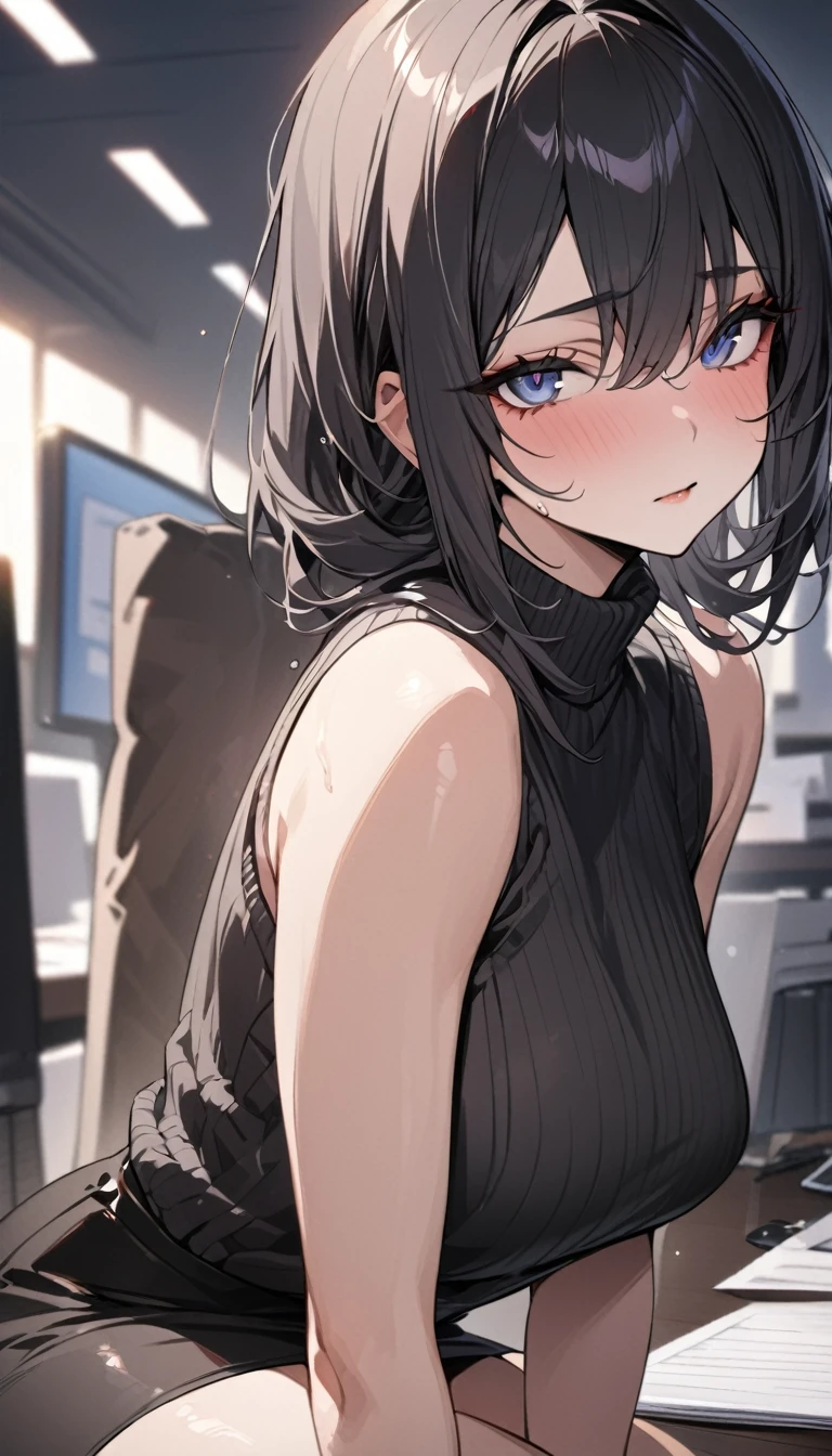 (((masterpiece))),(((High resolution)))、Beautiful office lady wearing black sleeveless sweater and pencil skirt, Looking at the camera, ((Top quality eyes)), Detailed face, ((Detailed Texture)), hentai