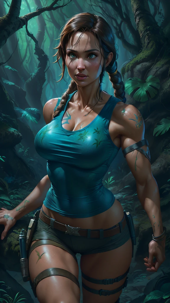 (La mejor calidad,A high resolution,Ultra - detallado,actual),Lara Croft Tomb Raider, (blue tank top:1.4) , torn, sexly, Goddess of sensuality, perfectbody, Perky and perfect breasts, Angelic beauty, (Body with curves:1.4) , sultry posing, fully body, Scenery and an Enchanted Forest, Hyper Realist, strong and vibrant colors, 1girl, solo, one girl, Epic Fantasy Art Style HD, 4K fantasy art, epic fantasy digital art style, epic fantasy art style, Fantasy Woman, epic fantasy art portrait, Epic fantasy style, hyperrealistic fantasy art, hd fantasy art, Epic fantasy character art, epic fantasy art, in style of dark fantasy art, epic fantasy digital art, (Lara Croft Tomb Raider:1.4), (cinematic lighting :1.4), (perfect anatomy :1.4), (dark forest background wild plants :1.4),( Lara Croft Tomb Raider:V2.1), (pose vaquero), (face detailed :1.4),( fondo una anaconda white gigante grande :1.4), (anaconda grande white :1.4), (anaconda :V2.1)