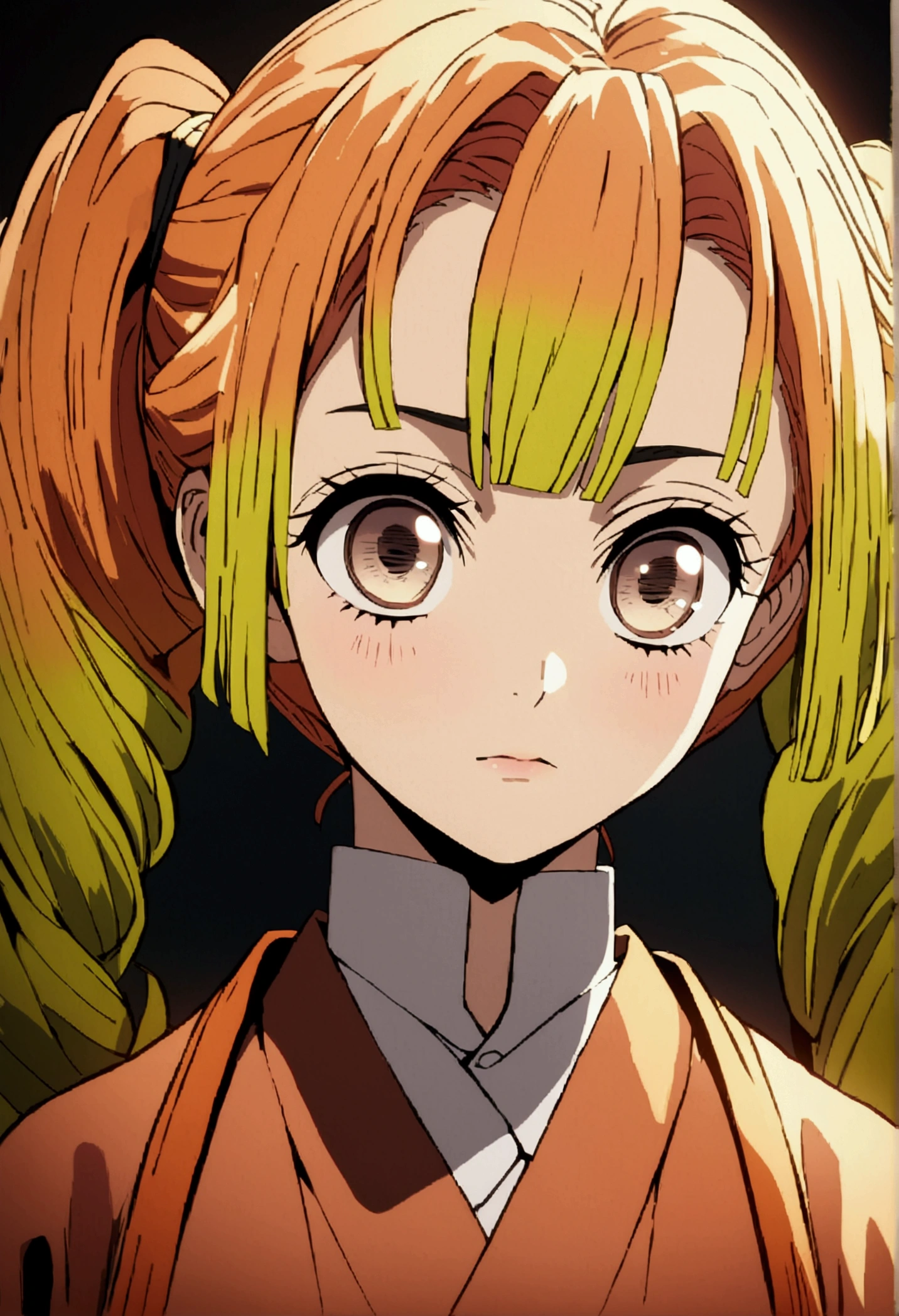 a young anime girl with long orange hair in twin ponytails,thin brown eyes,beautiful detailed eyes and face,long eyelashes,wearing the same outfit as Kanroji Mitsuri from Demon Slayer,digital painting,highly detailed,intricate details,cinematic colors,warm lighting