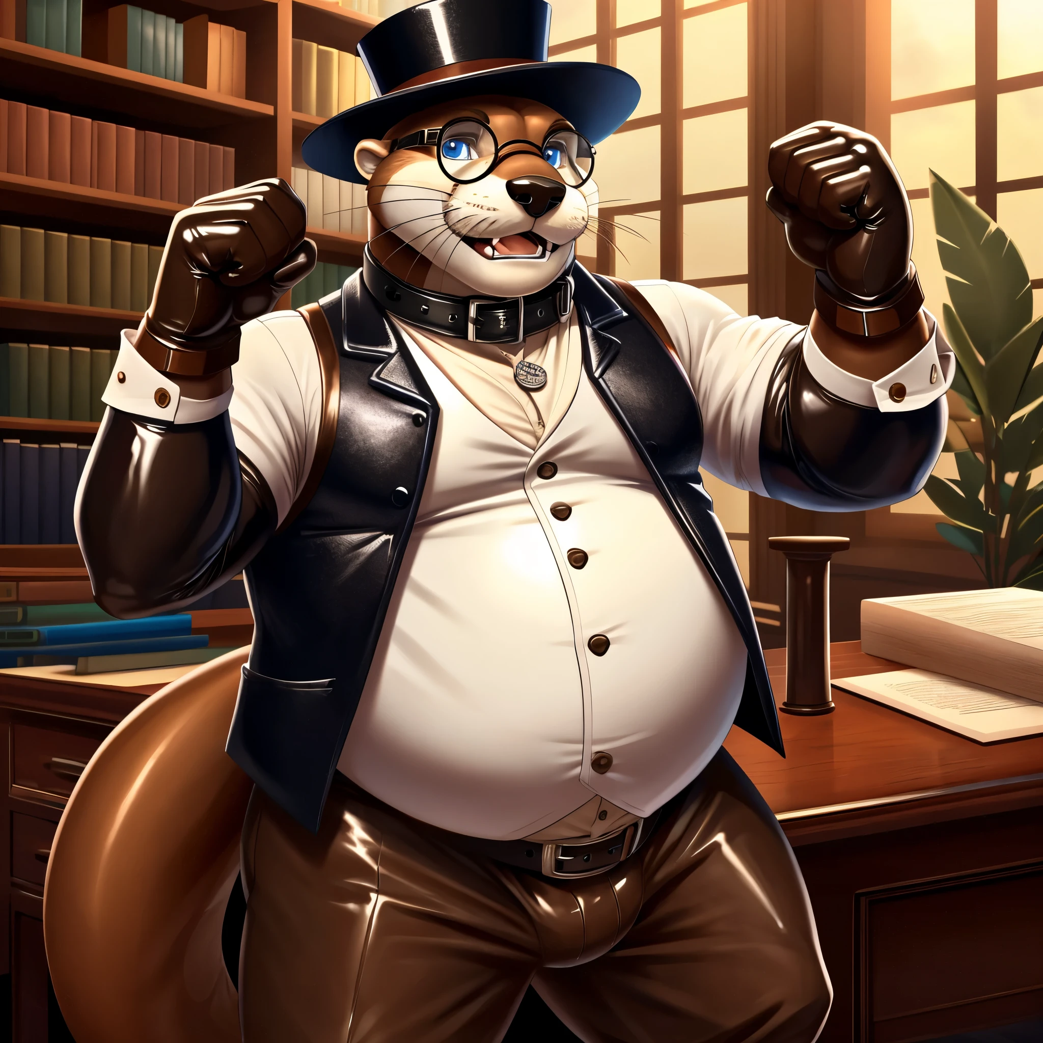 Solo, Male, fat, extremely obese, gentleman, dapper Professor Otter, blue eyes, (posing:1.3), (soft shading), 4k, hi res, ((detailed face, detailed)), looking at viewer, mouth wide open, steampunk, dapper clothing, collared shirt with buttons, top hat, male focus, Explorer Outfit, glasses, monocle, vest with buttons, sleeves rolled up, round eyewear, brown headwear, brown vest, office, Otter is wearing a glossy leather dog collar around the neck, Otter is wearing the leather collar and shirt and vest at the same time, Otter is wearing glossy white rubber gloves on the hands, wearing white rubber gloves on the feet, gloves are rubber in texture, clenching teeth, clenching fists, leather collar is glossy and shiny with a lot of detail, Otter is wearing gloves and leather collar at the same time, leather collar has a round dog-tag, leather collar is thick and detailed, leather collar is glossy and shiny, fancy clothing, dapper vest, dapper shirt, leather collar is thick, glossy leather collar.