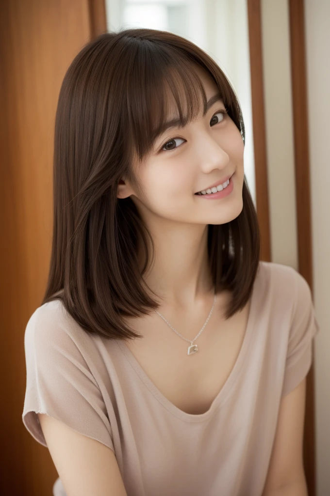 (Highly realistic photos, High resolution, Detailed face, Fine grain), ((Shooting in the room))、Japanese women, 20-year-old, A variety of expressions, alone:1, Slim figure, Round eyes、Various hairstyles, Casual clothing, 写真の中でalone、Selfie、Photographed in natural light、Simple Necklace、Spring Clothes、Looking at the camera、profile、Dark Brown Hair Color、The chest is visible、smile