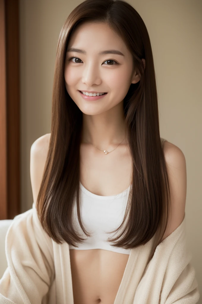 (Highly realistic photos, High resolution, Detailed face, Fine grain), ((Shooting in the room))、Japanese women, 20-year-old, A variety of expressions, alone:1, Slim figure, Round eyes、Various hairstyles, Casual clothing, 写真の中でalone、Selfie、Photographed in natural light、Simple Necklace、Spring Clothes、Looking at the camera、profile、Dark Brown Hair Color、The chest is visible、smile