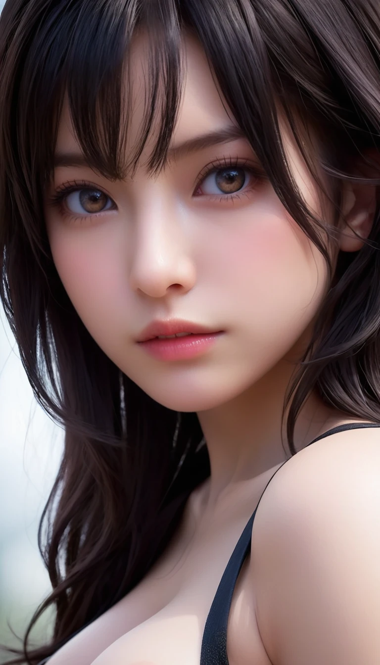 Immerse yourself in the world of game art with this visually diverse and creative half-length photo of a 20-year-old girl, featuring a close-up of her detailed eyes and large breasts.