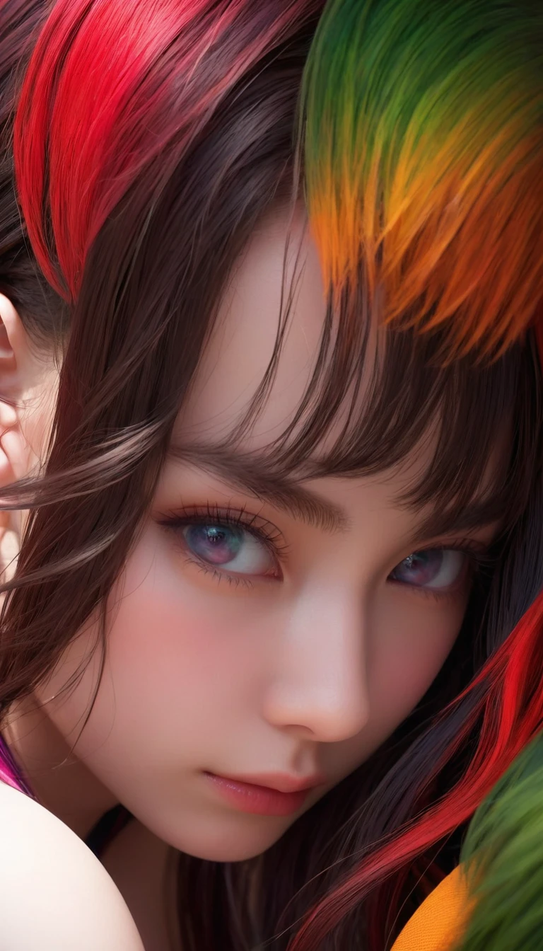 Immerse yourself in the world of game art with this visually diverse and creative half-length photo of a 20-year-old girl, featuring a close-up of her detailed eyes and large breasts.