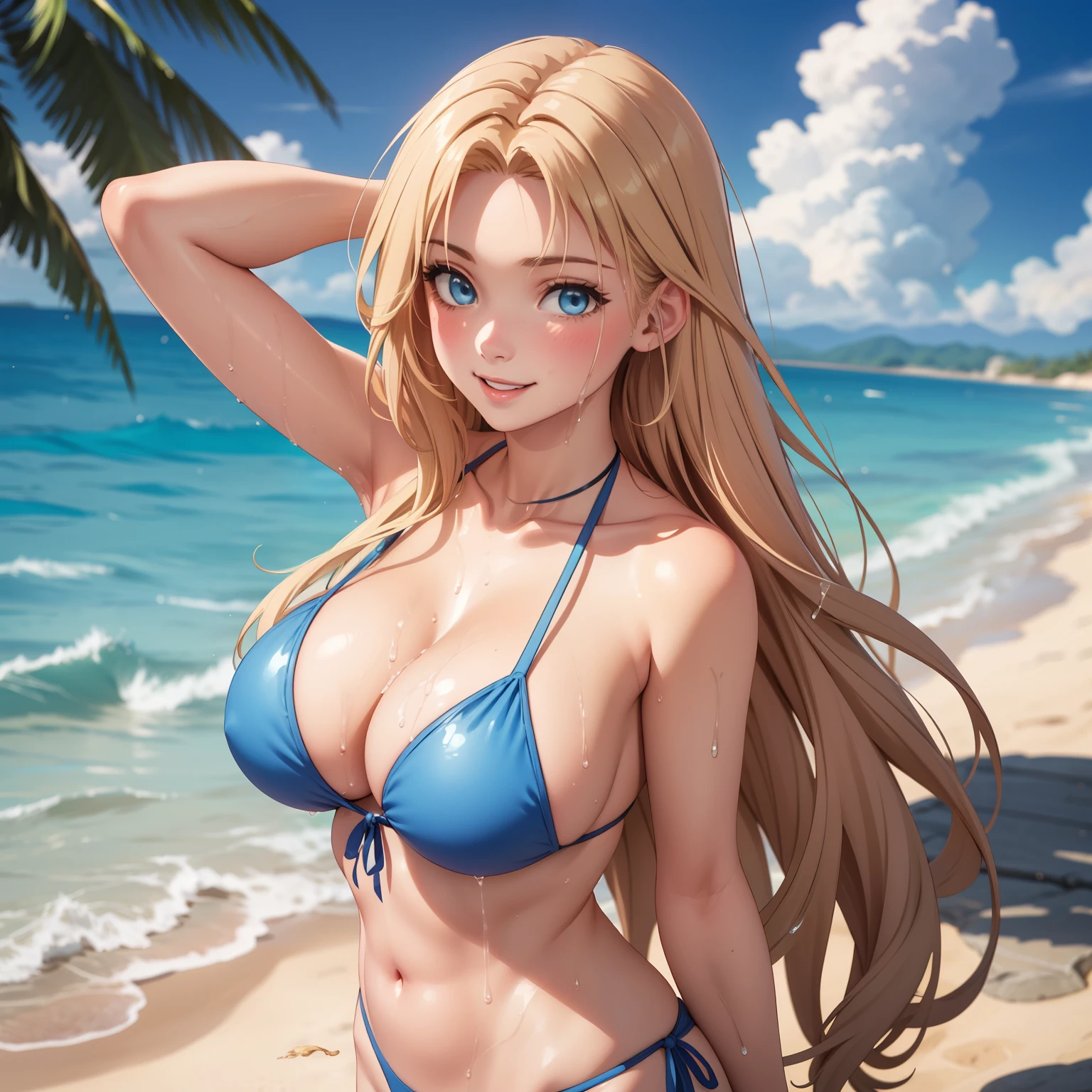 row. 20 year old woman, long blonde hair, light blue eyes, happy smile, clear skin, big breasts, detailed skin, blue bikini , WET BODY, drops of water on his chest. He is walking along a tropical beach. perfect hands, hands behind the head.