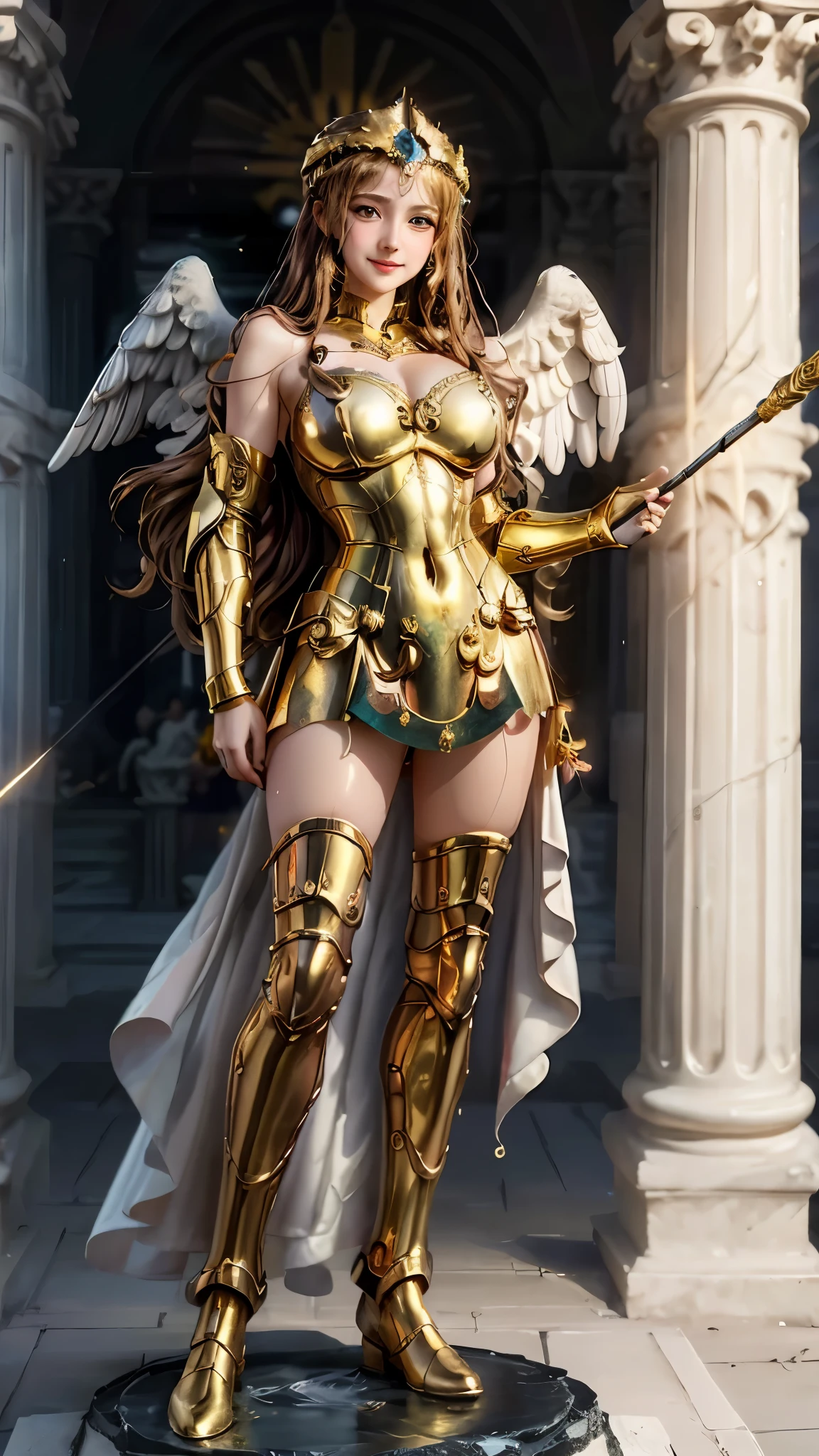 a statue of a woman holding a spear and a flag in front of a building with pillars and columns, Greek goddess athena, the god athena, athena goddess of wisdom, golden goddess athena, goddess da mitologia grega, 
 marble, a goddess grega afrotita, Greek goddess, old Greek goddess, Winged Victory!!!, estilo neoclassicismo, Venus goddess Athena, Artwork, best quality, (()), ((18 years old)), ((female )), clearly see the face, cute teenagers, Perfect Anatomia, wet, happy grin, realisitic face, realisitic, dynamic side lighting, perfect lighting, dynamic pose, dynamic angle, (1 girl), focus only, smallbreast, ((Lolita)),Photoreal ,hug, looking ahead at viewer, FEMALE FOUR-WINGED ANGEL, with his arm raised, greek style, realisitic, mediável, Classic style, classical painting, realisitic PAINTING, golden ornament, golden shoulder, golden wings, maiden, goddess, roman GREEK MUSE, roman, long hair, golden hair, Resolução 8k, STYLE PAINTING Angelika Kauffmann, William-Adolphe Bouguereau STYLE PAINTING, realisitic, (best quality, 4K, 8k, A high resolution, Artwork:1.2), ultra details, Retrato realisitic, detailed expression, Funny posture, dreamy atmosphere, expressive brushstrokes, mystical atmosphere, artistic interpretation,beautiful curly hair，Delicate floral jewelry， Amazing fresh style outfit, a whimsical illustration, Subtle colors and tones, Mystic aura,Details have been updated, 
(Moist skin:1.1), (sensual face:1.5), ([long hair]:1.8), (standing full body image:1.8), ([long hair]:1.8), (all-body:1.8), (best quality, 4K, 8k, A high resolution, Artwork:1.2)