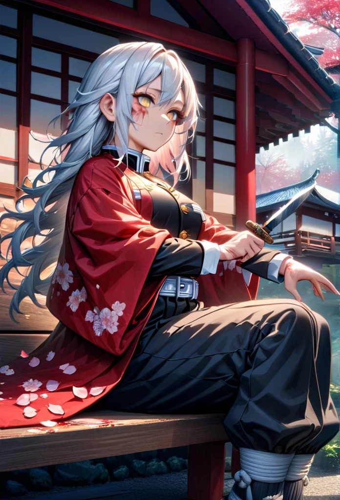 Ultra detailed, high resolution, absurd, HDR, masterpiece, anime girl, beautiful woman, long white hair with red streaks, expressive yellow eyes, red haori, black demon slayer uniform, wearing black pants,Kimetsu No Yaiba, fantasy , petals, red flowers, beautiful, woman sitting alone on a wooden bench, alone, afternoon, sun, forest next to a Japanese house, best quality, extremely detailed face and eyes, expressionless, apathetic, dark circles under the eyes, cutting the upper part of the forearm with a knife, painlessly, blood only on the forearm, deep cut on the forearm, clothing sleeves extended showing scars on tbe forearm