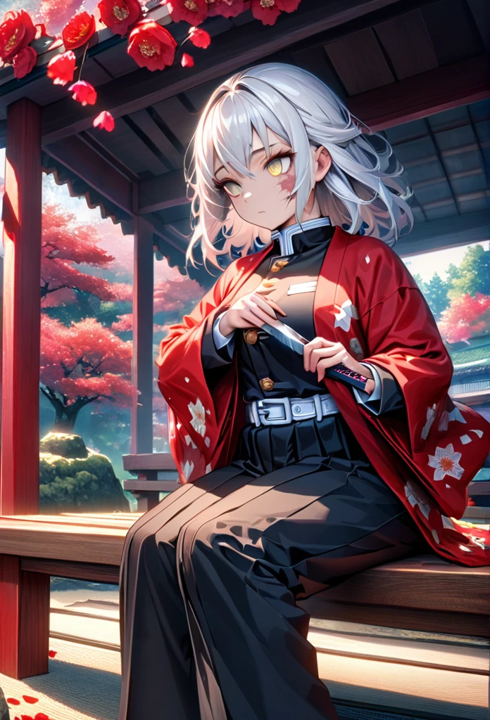 Ultra detailed, high resolution, absurd, HDR, masterpiece, anime girl, beautiful woman, long white hair with red streaks, expressive yellow eyes, red haori, black demon slayer uniform, wearing black pants,Kimetsu No Yaiba, fantasy , petals, red flowers, beautiful, woman sitting alone on a wooden bench, alone, afternoon, sun, forest next to a Japanese house, best quality, extremely detailed face and eyes, expressionless, apathetic, dark circles under the eyes, cutting the upper part of the forearm with a knife, painlessly, blood only on the forearm, deep cut on the forearm, clothing sleeves extended showing scars on tbe forearm