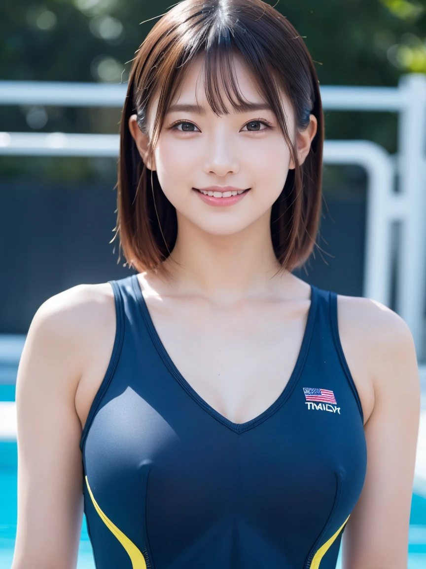 (8k, RAW Photos,Highest quality, High resolution:1.1), (超Realisticな:1.4),(Realistic, Realistic:1.3),The Beauty of Japan、((Upper Body:1.3))、Gymnastics Team - Flexible Leotards and Grips、Erect nipples,Pool、smile、Smiling