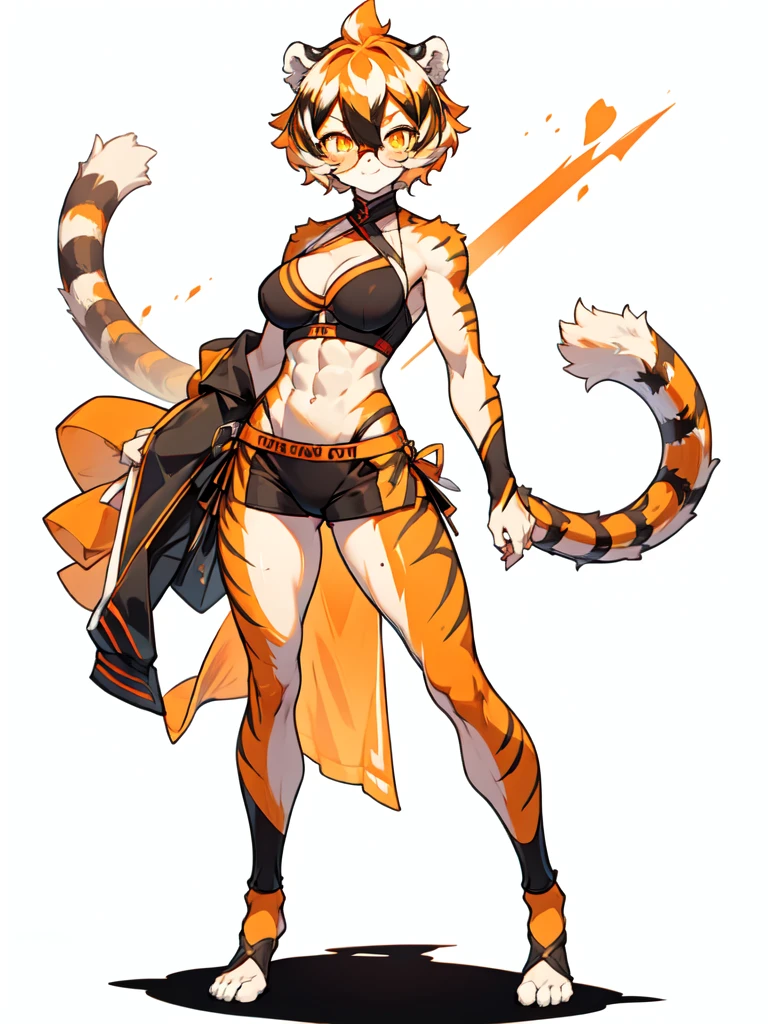 white background, full body, 1girl, solo, Standing:1.5, animal ears, white hair, black hair, short hair, large breasts, Abdominal muscles, tail, orange eyes, orange hair, multicolored hair, tiger girl, hair between eyes, tiger_ears, tiger_tail, orange-tinted_eyewear, tinted_eyewear, big breasts, evil smile, Shadows under feet, sey ass,only underwear,(((sexy underwear outfit:1.2)))