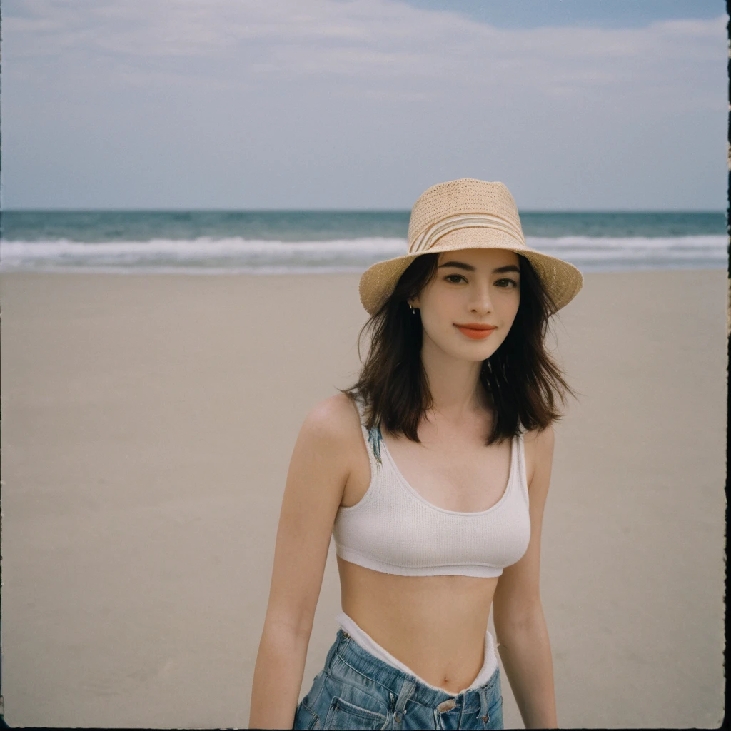 Portrait photo of a beautiful face Japanese kawaii woman,still from the film, (Anne Hathaway look alike face: 0.9), in a crop top and shorts on a beach, hyperrealistic photography, Leica SL3, Summicron-SL 75 f/2 ASPH, Kodak Gold 200 film,