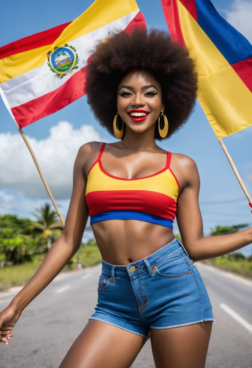 The image shows a very sexy afro woman wearing a red mini crop top that radiates energy and attractiveness.. She wears jean shorts and proudly holds a mini Colombian flag, whose yellow stripes, blue and red represent its rich culture. His pose and the festive atmosphere around him reflect joy and celebration.