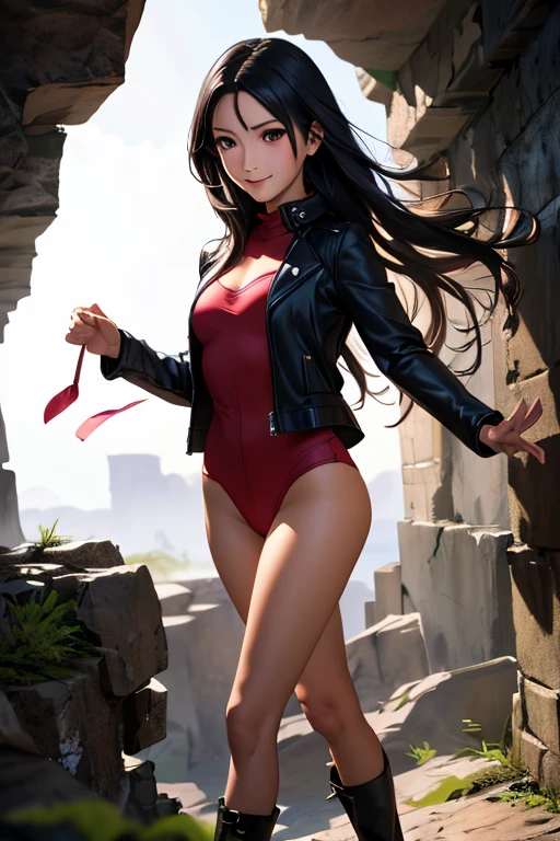 Highest quality　High resolution　Simple　Remainsの様なDungeons　RemainsDungeons　Long bangs　Adult female　Adventurer Girl　Loose expression　cute　smile　Leather jacket　Beautiful Eyes　One Woman　Long side hair　Very black hair　Shiny long hair　Straight hair　Ahoge　Wide sleeves　Long hem　cute目　Remains　Dungeons　Underground maze