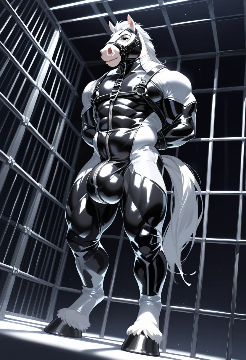 Highest quality, Highest quality, High quality illustrations, masterpiece, Ultra-high resolution, Detailed Background, In the cage, Jail, Absurd, Perfect Anatomy, performance, Good lighting, Shadows in the movies(kemono, Furry Personifi猫ion), horse, Muscle Body, White Rubber Suit, latex, neon, neonライト, neonカラー, Bodysuits, Cyber Suit, cyber punk, Rubber Mask, Harness, Earrings, Huge bulge, ラバーhorseのペニス, Hands restrained behind your back, Dynamic Angle