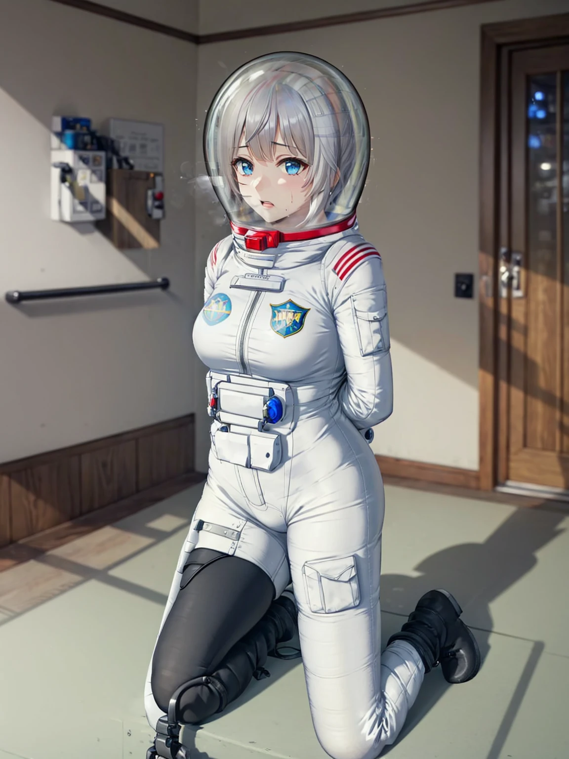 whb, large breasts, white hair, blue eyes, female focus, full body,  sweat, trembling,space suit, space helmet, bubble helmet, (room:1.7), bondage