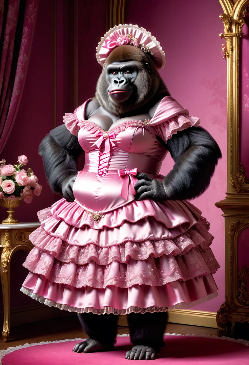 photorealistic portrait of Dressed animals-a ((fat)) ((gorilla)) princess,(furry), (elegant pose:1.5), (hands on hips:1.5),(smile:1.5),high quality,(),(lovely) ,intricate details, Wearing Gothic & Lolita pink dress , ( brim on head), highly detailed ((dress with frills and ribbon)) ,highly detailed accessories, high sox , (happy), soft lighting,(full body image:2.0),in Rococo style room background,,score_9, score_8_up, score_7_up, score_6_up, score_5_up, score_4_up,