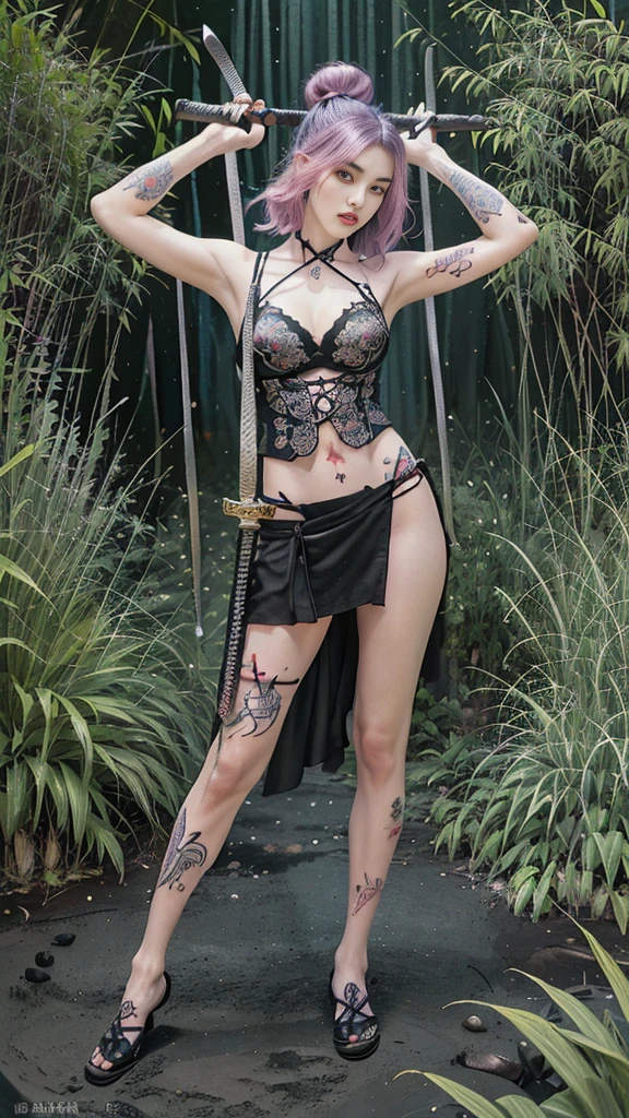 Full body photo of perfect beauty ((Demon Succubus)), Perfect appearance, slim body, ((Big heavy chest)), Shapeless short hair, Pink hair color, Rainbow hair, Small horns, (Wearing skimpy gothic clothing.), Fully functional, Abstract beauty, Near perfect, Pure form, ((Dynamic pose)), Subtle demonic background, ((Dark shadows)), ((Edge lighting)), Greg Rutkowski, John William Waterhouse(John William Waterhouse)and Alphonse Mucha(Alfons Mucha)Conceptual art, Highly detailed, Intricate details, 8K post production, High resolution, Super details, Popular topics on ArtStation, Sharp focus, Depth of field f/1.8, Studio shot, (Girl holding a large odachi sword, holding the handle of the odachi sword in her hand, swinging it over her head: 1.3), (Tattoo, Japanese tattoos all over her body: 1.5), (Very detailed: 1.4), Front view, Looking at the camera, Bamboo grove, Great view, Double teeth,
