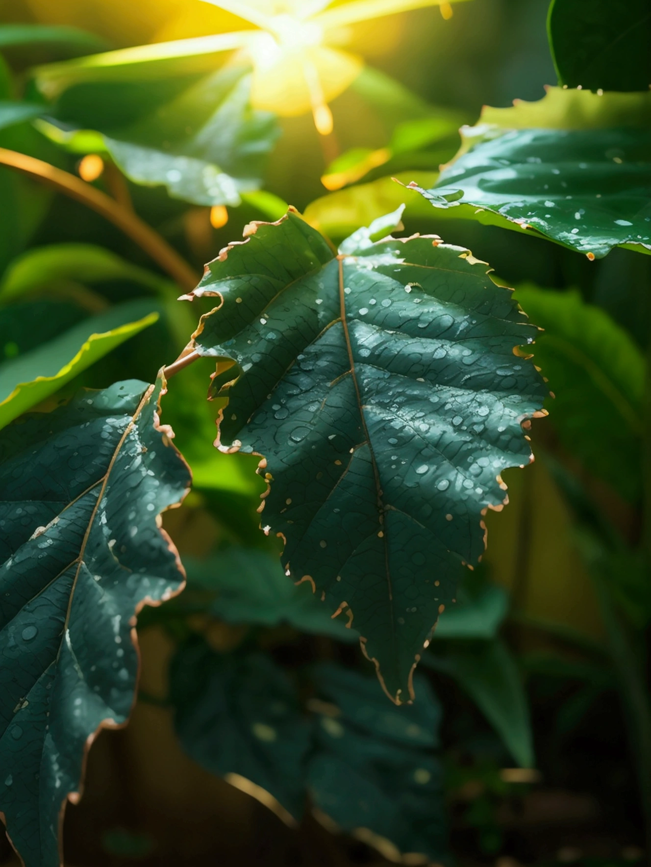 Hot sun、Rain、Close-up of leaves,summer,Surrounded by green plants