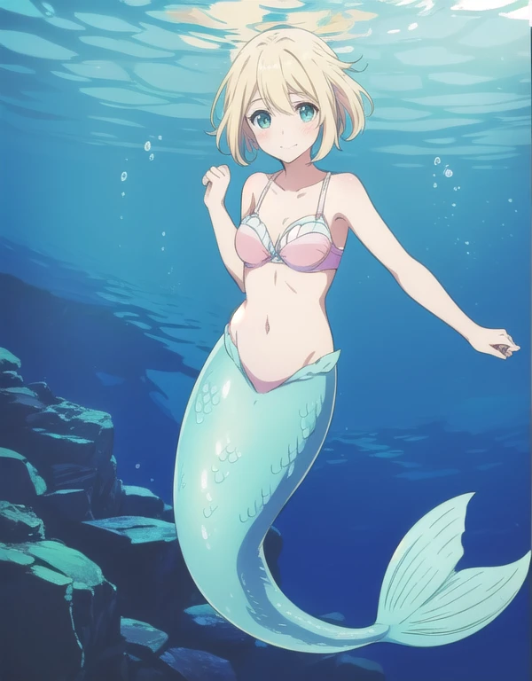 mermaid pokemon,underwater, mermaid tail below waistline, 1girl, violet evergarden, solo, blonde hair, blue eyes, short hair, bra, looking at viewer, blush, happy, full body, swim pose