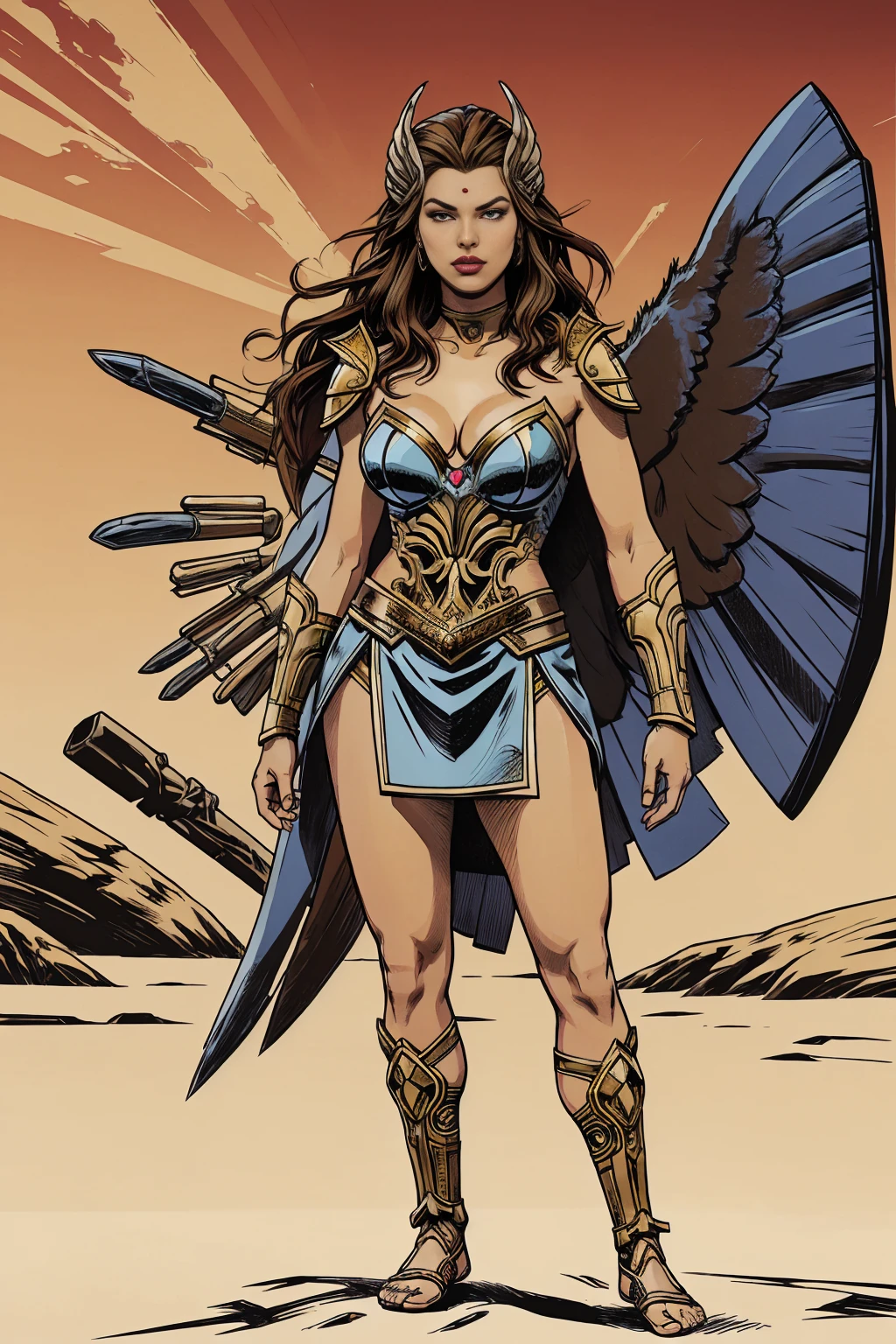((Full body photo, standing, feet on the ground)) Alison Tyler as a Valkyrie of Asgard, blue eyes, long brown hair, perfect body, Lady Knight,  She-ra, TM Samurai, intricate face details, poster style, icons, vibrant colors, vector style, digital art, 4K, intricate details, mesmerizing, professionally made, beautiful vector illustration, 12K resolution, 3D, all characters in detailed full body, highly detailed, vibrant, ultra high quality, Hyperrealism, Photorealism, octane render]


