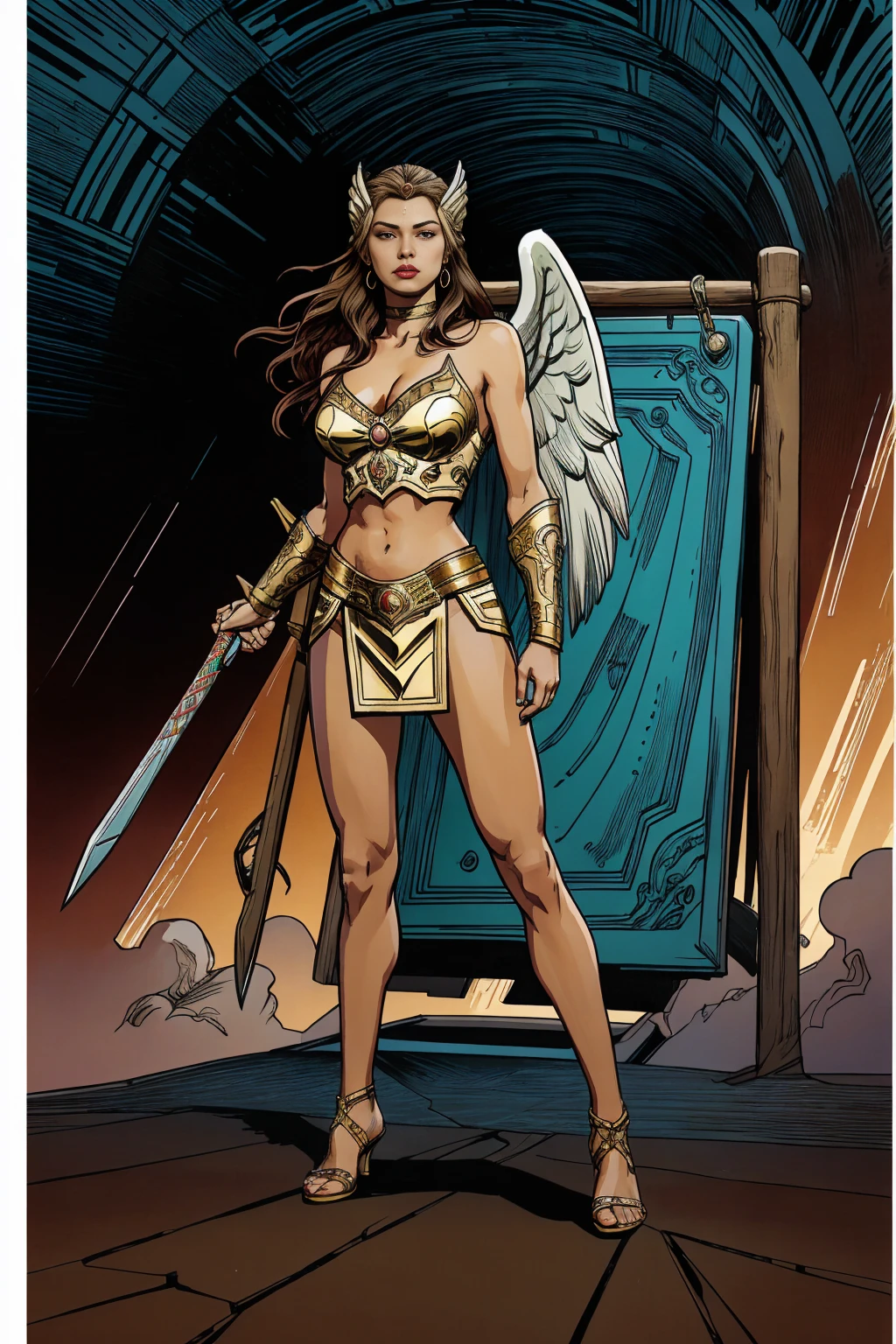 ((Full body photo, standing, feet on the ground)) Alison Tyler as a Valkyrie of Asgard, blue eyes, long brown hair, perfect body, Lady Knight,  She-ra, TM Samurai, intricate face details, poster style, icons, vibrant colors, vector style, digital art, 4K, intricate details, mesmerizing, professionally made, beautiful vector illustration, 12K resolution, 3D, all characters in detailed full body, highly detailed, vibrant, ultra high quality, Hyperrealism, Photorealism, octane render]


