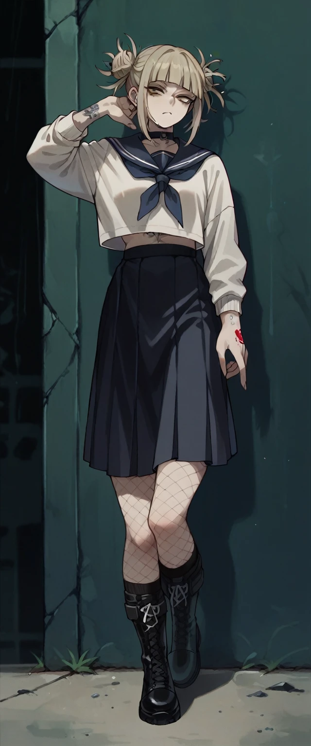 Himiko Toga with tattoos her hands wearing black clothes with black fishnet stockings and black skirt with black boots (whole body)