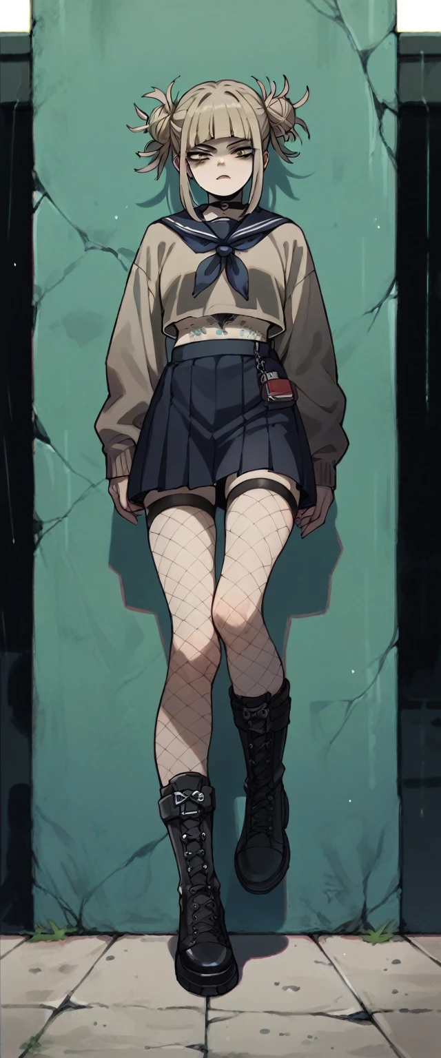 Himiko Toga with tattoos her hands wearing black clothes with black fishnet stockings and black skirt with black boots (whole body)
