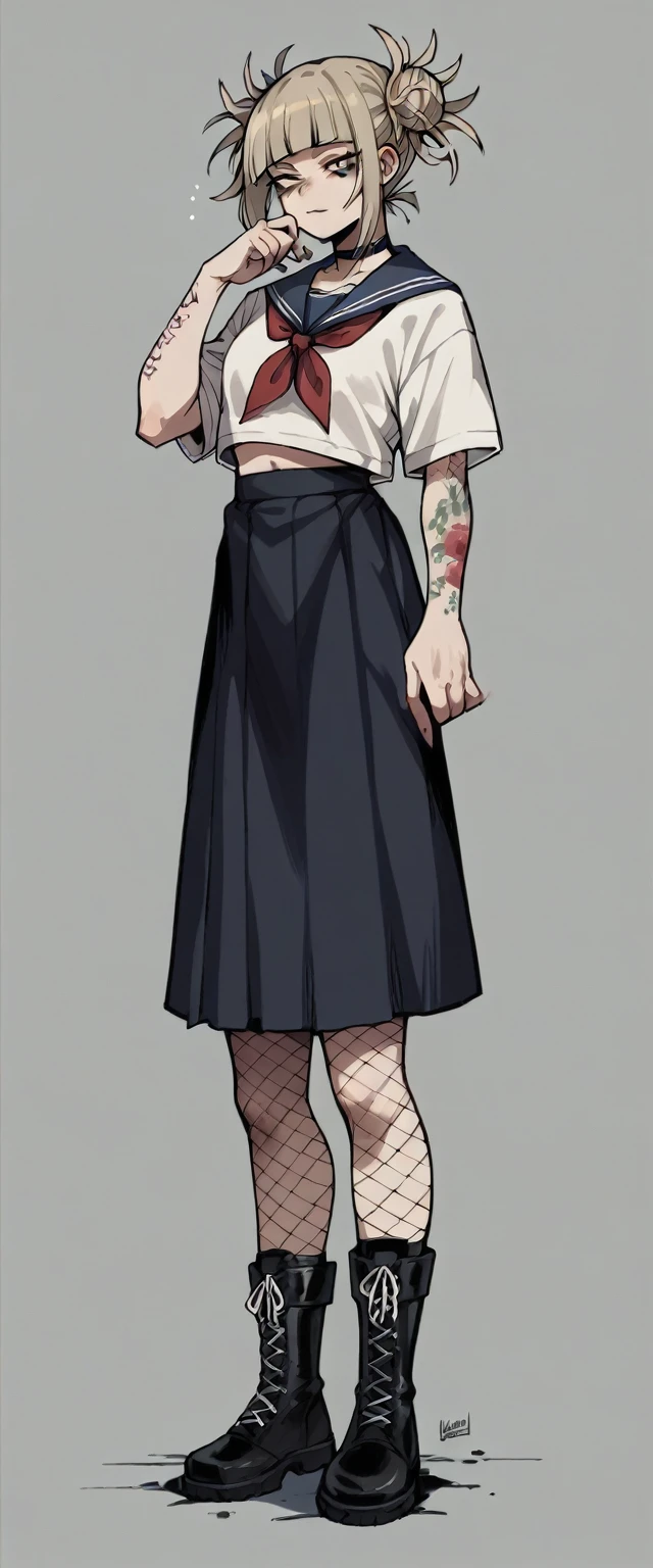 Himiko Toga with tattoos her hands wearing black clothes with black fishnet stockings and black skirt with black boots (whole body)