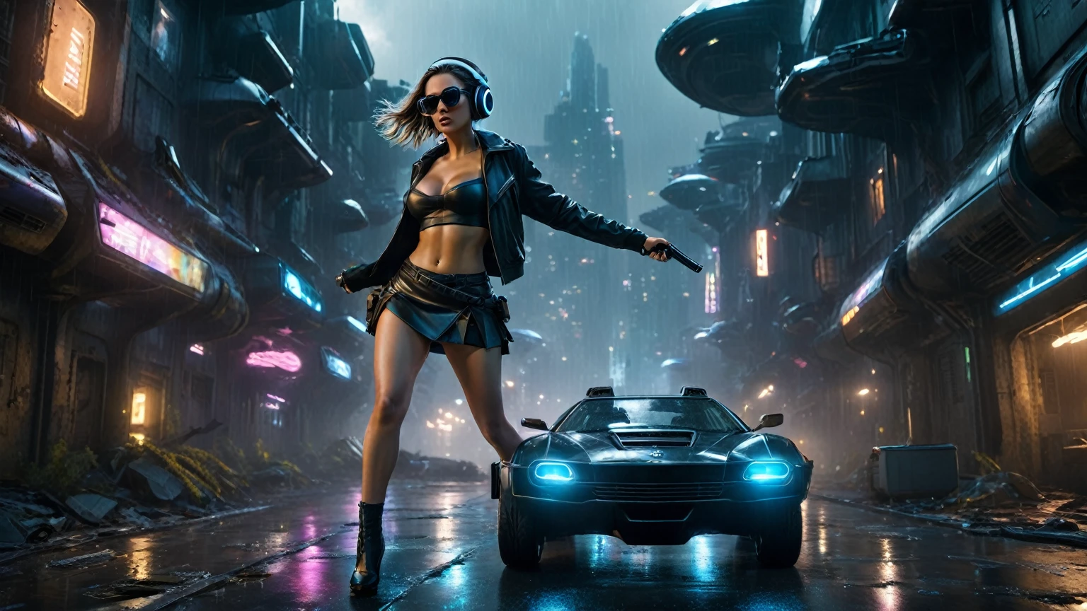 (aerial view, a flying car is speeding through a very dark abandoned futuristic city), rainy night. (((1girl, solo, alone))), large-breast:1.2 slim body, cleavage:1.1, sexy miniskirt, ((headphone, black sunglasses, standing and holding pistol dynamic pose)), (((((half-body thigh level medium shot))))), cinematic lighting, lens flare, ray tracing.