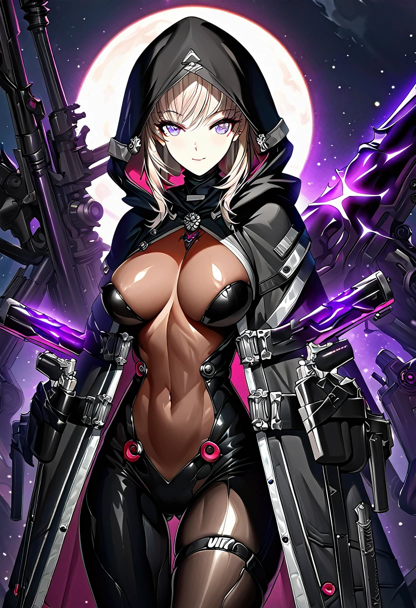 absurdres, by famous artist, exquisite, cowboy shot, hood, jacket, body suit, black clothes, black wear, black tights, weapon, blue and purple eyes, perfect eyes,ultra detailed beautiful face, masterpiece, super fine illustration, ultra high res, masterwork, best quality, cg unity 8k wallpaper, official art, ultra detailed, beautiful, accurate face parts, even eyes, symmetrical eyes, perfect face, ultra detailed beautiful eyes, breasts, gleaming skin, oil skin, shiny skin,