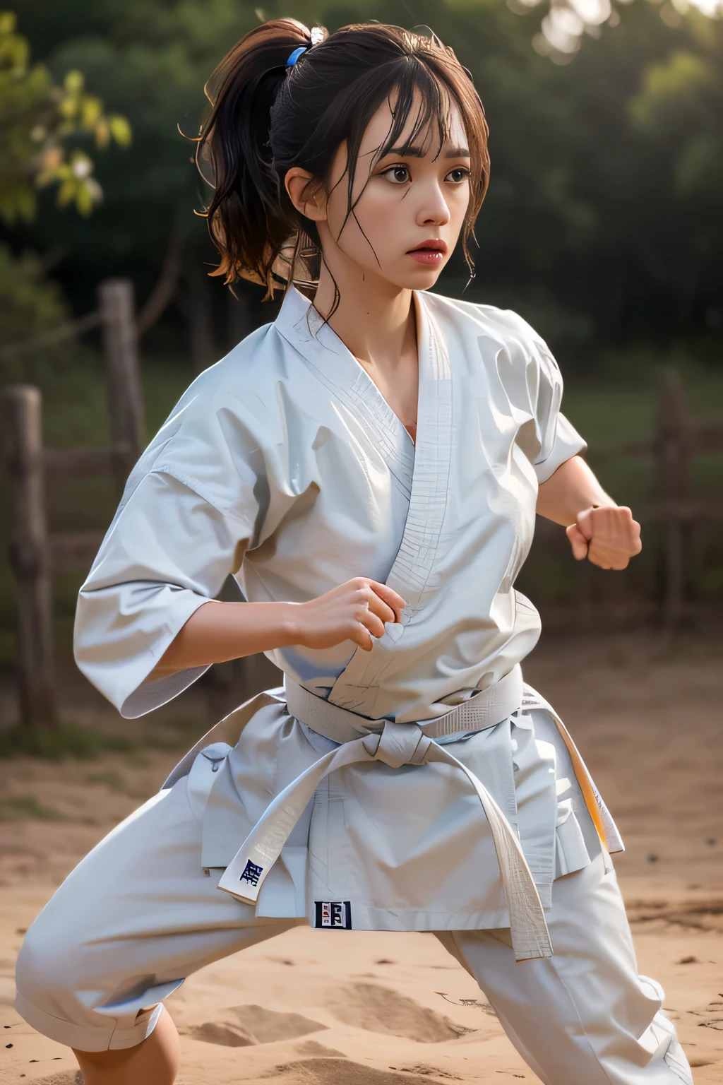 (((Karate clothes)))、fullbody,(karate uniform:1.5),martial arts belt,(fighting stance:1.3),((Ponytail with bangs))、(Female Karateka)、shiny skin、((Turn your face away))、((look sideways))、face is flushed、(Watery eye)、(((Karate Dojo)))、((delicate pictureasterpiece detailed RAW photos:1.25), (highest quality:1.6), (Super high resolution:1.5), (realistic:1.75), 8K resolution, Canon EOS R5, 50mm, absurd, super detailed,cinematic lighting,Sportsbra,