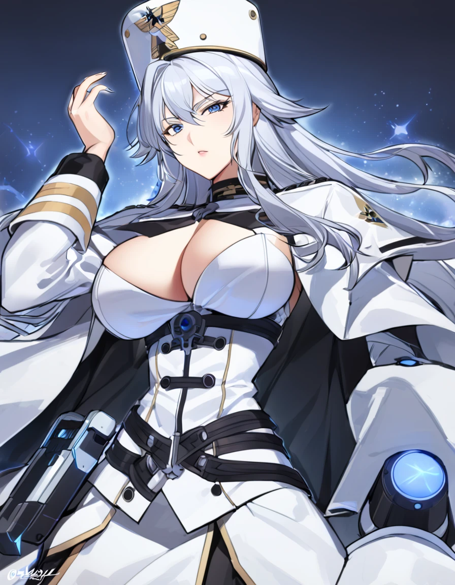 Anime, 1 girl with large heavy mechanical arms, solo, kimtag, Sovetsky Soyuz, Sovetsky Soyuz's hairstyle, white hairstyle, busty, round buson, holster, firm chunky body, white military's uniform, white military's hat, large heavy mechanical-arms, BLUE eyes, Dynamic pose