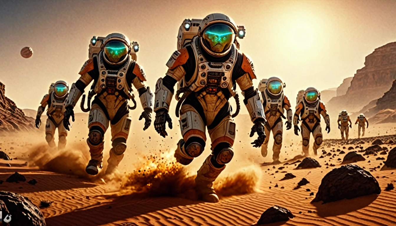 ultra realistic 8k cg, masterpiece, professional artwork, cinematic lighting, painting of a (The horde of zombie astronauts surges across the Martian desert, leaving a trail of chaos and and destruction of a spaceship.) summoning monsters 