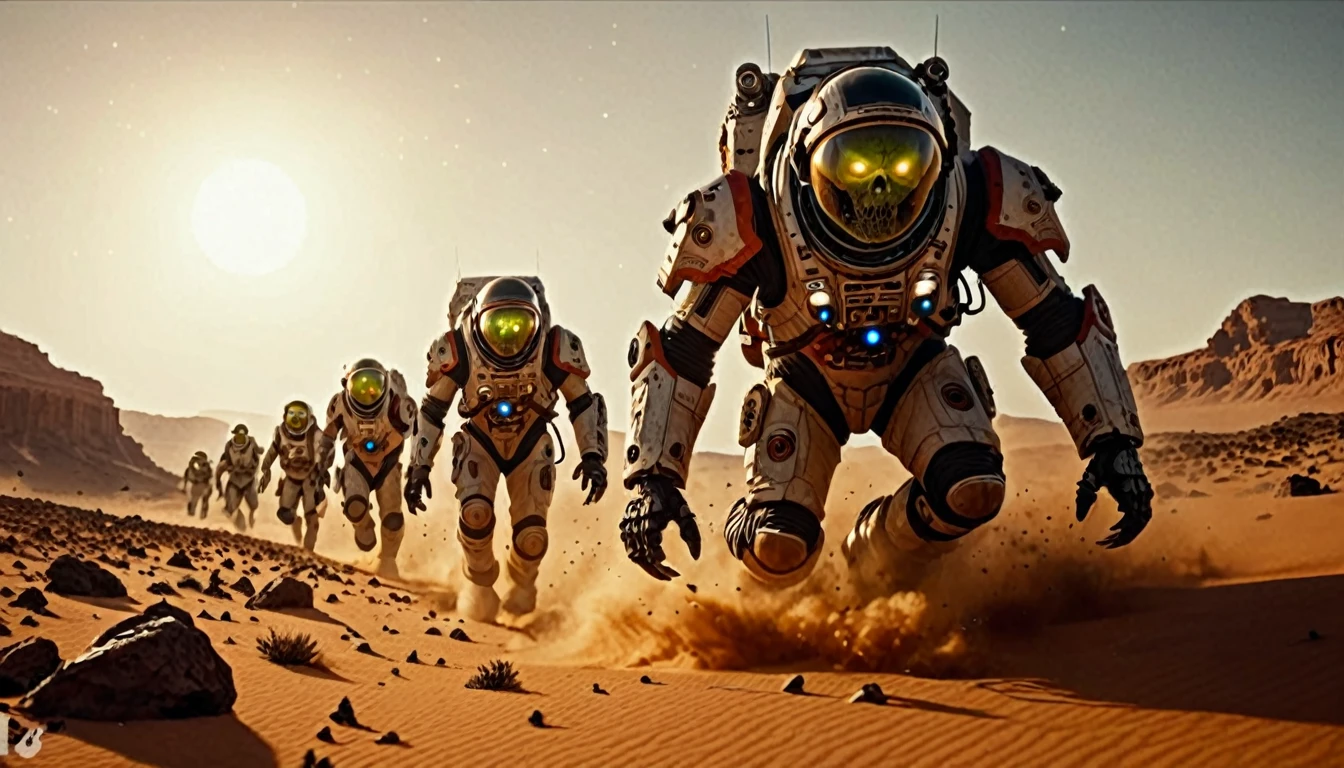 ultra realistic 8k cg, masterpiece, professional artwork, cinematic lighting, painting of a (The horde of zombie astronauts surges across the Martian desert, leaving a trail of chaos and and destruction of a spaceship.) summoning monsters 