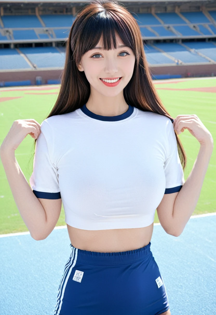 score_8, score_9, Highest quality, masterpiece, Long Hair, Brown Hair, sexy, girl, Sisters, ((Tight T-shirt))，Cowboy Shot:1.３， Adorable， smile， Slim face, Slim body，32K, masterpiece， Best image quality，Ultra-high resolution，Perfect hands，Black choker、blue eyes、bangs、Very thick and long eyelashes, たくさんのgirl、((Big Breasts)), Dependents, Big Breasts, Red lipstick、Athletics Stadium、blue sky