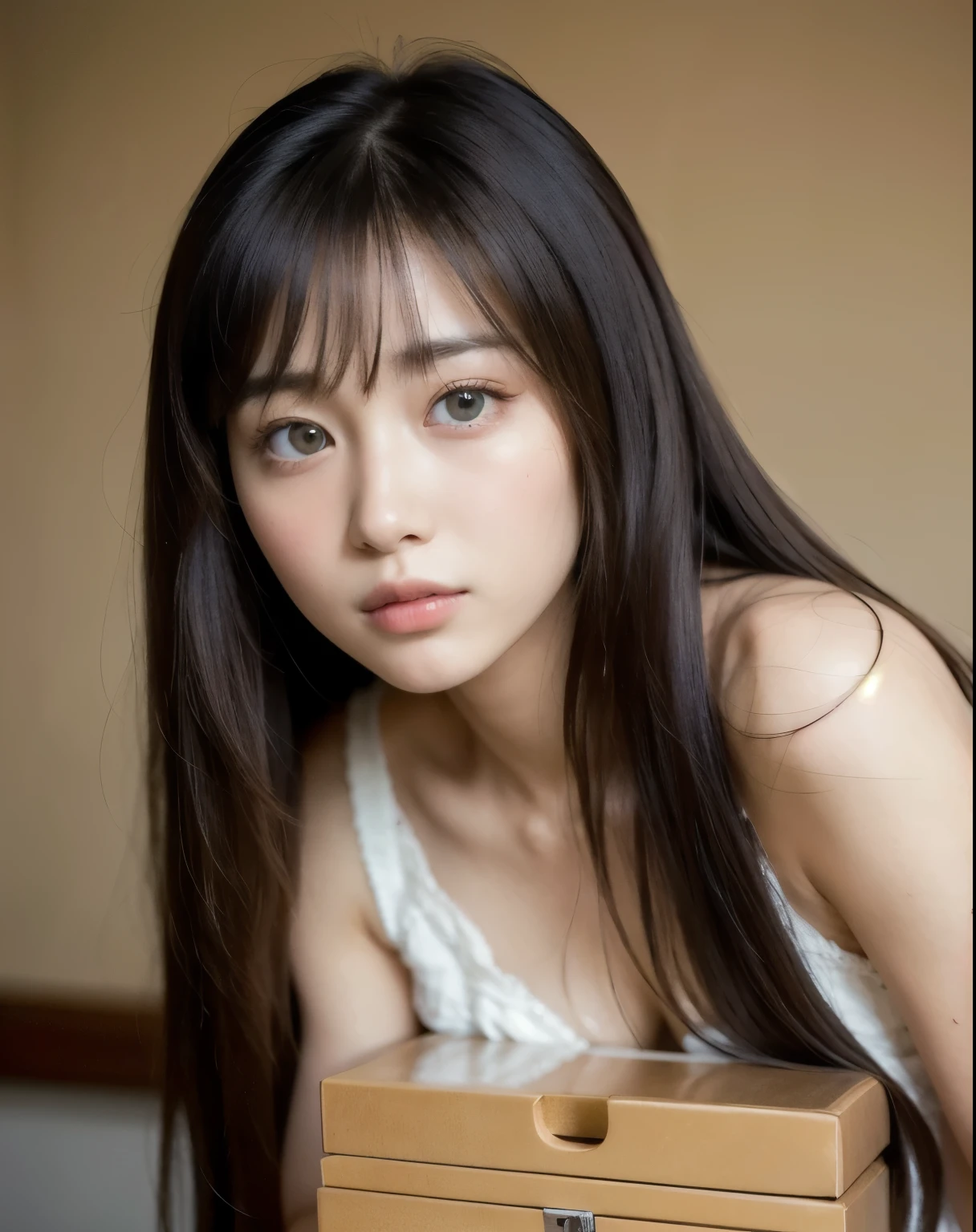 highest quality, Face Focus, Soft Light, Ultra-high resolution, (Realistic:1.4), RAW Photos, 1 Japanese girl, alone, cute, (pupil, Light in your eyes), Beautiful face in every detail, (Small box),(High resolution detail of human skin texture), (Long Hair),