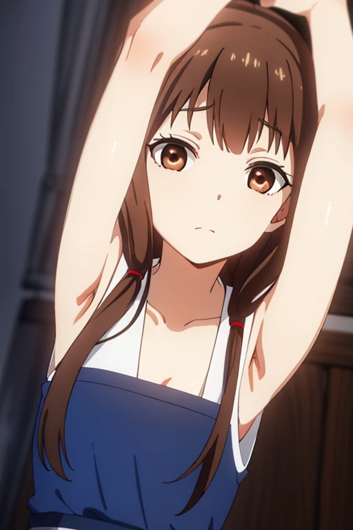 mikoiino miko iino (brown eyes:1.7), medium brown hair,  (small chest:1.2), raised arms, embarassed face, blushing, gasping
BREAK collarbone, very short and low-cut frilly apron, bare arms, bare shoulders, bare legs
BREAK looking at viewer,
BREAK indoors,
BREAK (masterpiece:1.2), best quality, high resolution, unity 8k wallpaper, lying on bed with arms up (illustration:0.8), (beautiful detailed eyes:1.6), extremely detailed face, perfect lighting, extremely detailed CG, (perfect hands, perfect anatomy),