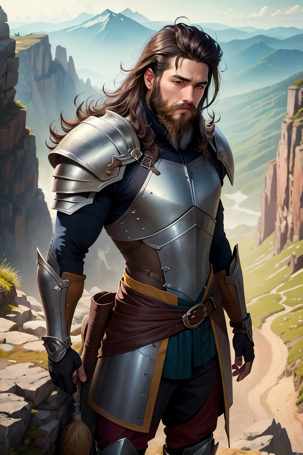 ((best quality)), ((masterpiece)), (detailed), Prize-winning works, with incredible details, maximum textures and details, uhd ,8k,super resolution ,depth of field, retina, masterpiece, 1 MALE RANGER on top of a mountain admiring and looking at the valley below .he has dark skin. he wears leather armor ,messy hair ,Large Beard ,shoulder length hair ,sunny day ,detailed shadows