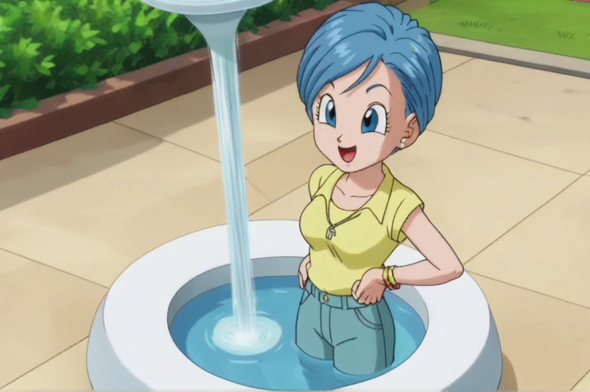 fountain_cheered up, score_9, score_8_above, score_7_above, cheered up screencap,8k, absurd resolution, 
BULMA, 1 girl, Alone, old, SMILE, short hair, Open mouth, Blue eyes, jewelry, blue fur, earrings, hand on one&#39;s own ass, looking at the ass, medium ass,  medium breasts, naked
 