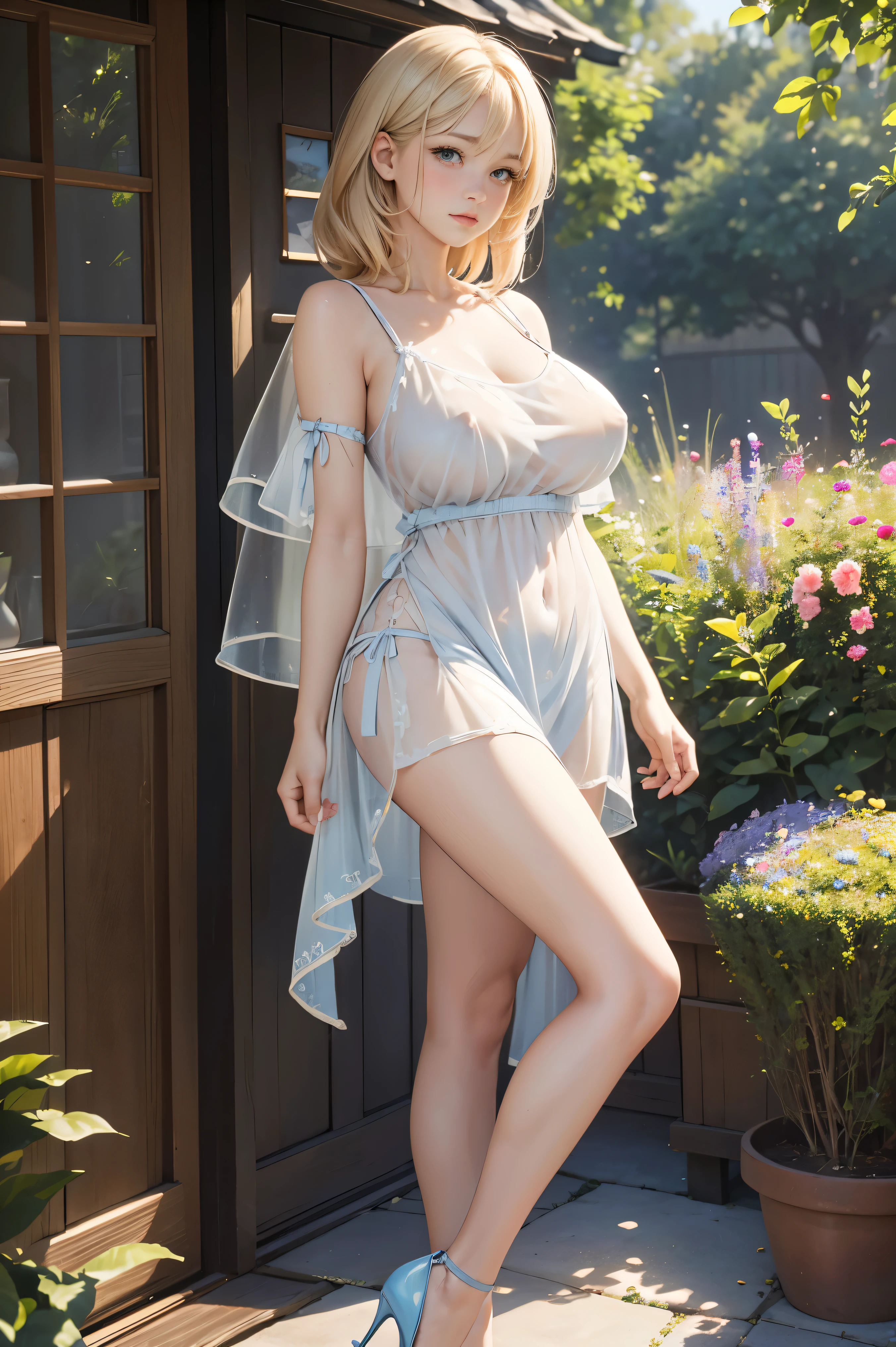 (Realistic, Photorealistic:1.4), Beautiful illustration, view the viewer, full body, full body focus, Front view, 1 girl, Japanese, 16 years old Girl, (semi long hair:0.3), blond hair, Bangs, hair between eye, (Huge breasts:1.3), Beautiful hair, Beautiful Baby-face, Beautiful detailed eyes, Beautiful collarbone, Beautiful body, beautiful boob, beautiful thigh, Beautiful legs, Beautiful fingers, (Beautiful scenery), Garden, ((pale blue short cut (sheer:1.4)sundress), white pin high heels), (standing on glass , shy, nose blush, (erect nipples:0.7) ), NSFW